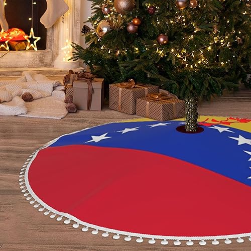 Falda de árbol de Navidad de 36 pulgadas con bandera de Venezuela con pompones de decoración de árbol de Navidad, falda rústica impermeable para