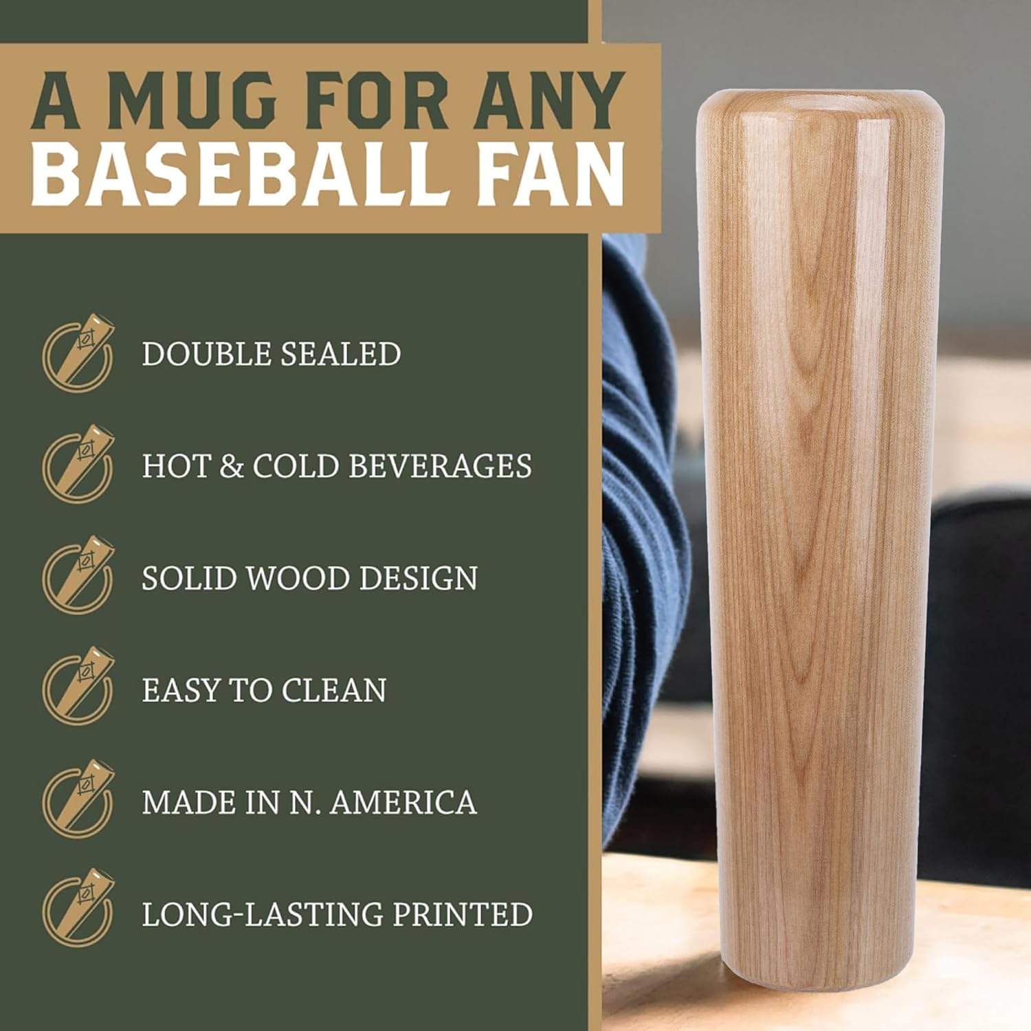 DUGOUT MUGS| Baseball Bat Mug, Double Sealed Drinking Cup For Sports Fans, 12 Oz Solid Wood, Dad You're a Grand Slam