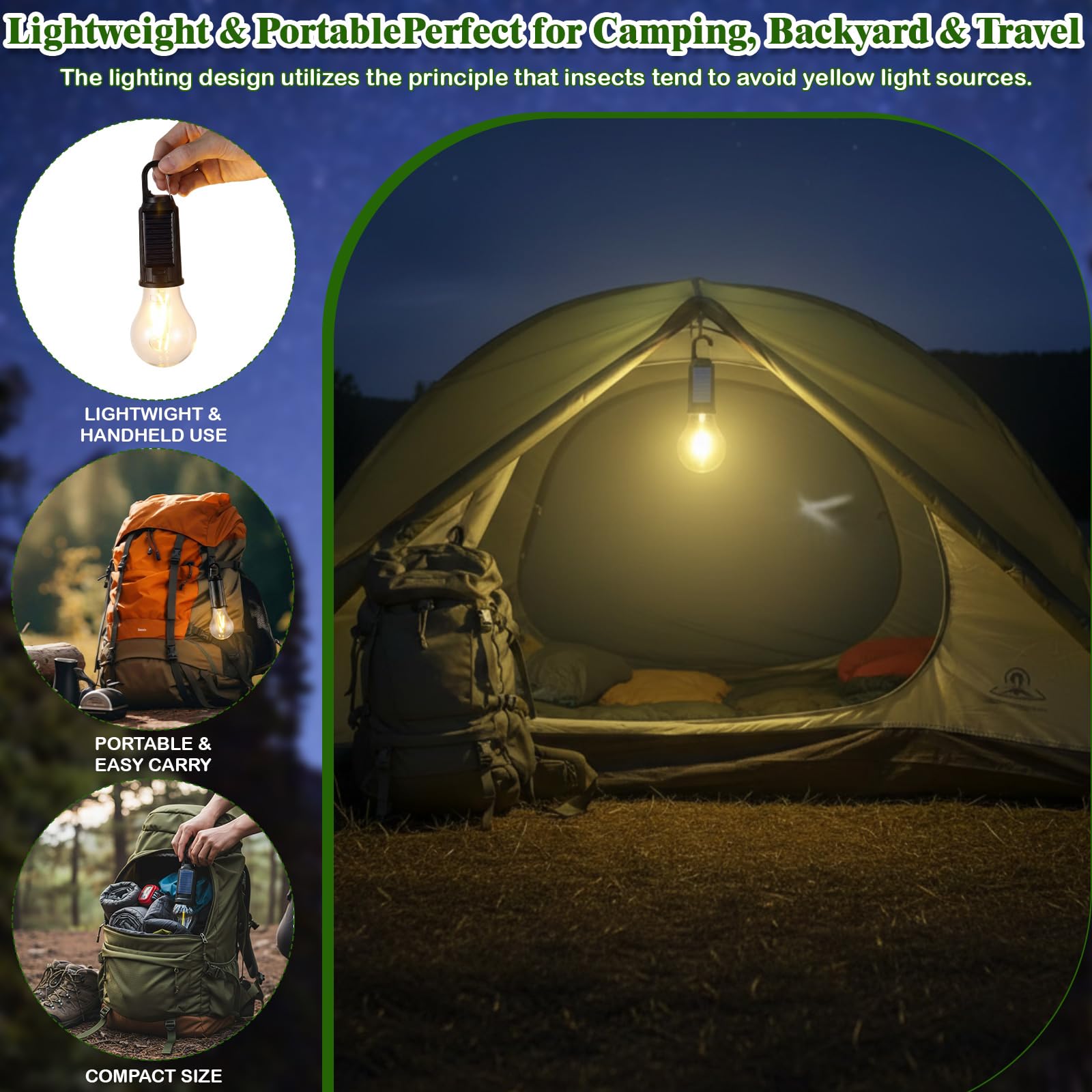 4 lanterne solari da campeggio con luce gialla, lampadina LED ricaricabile per ridurre le zanzare, 3 diverse modalità, luce portatile da appendere con gancio per campeggio, escursionismo