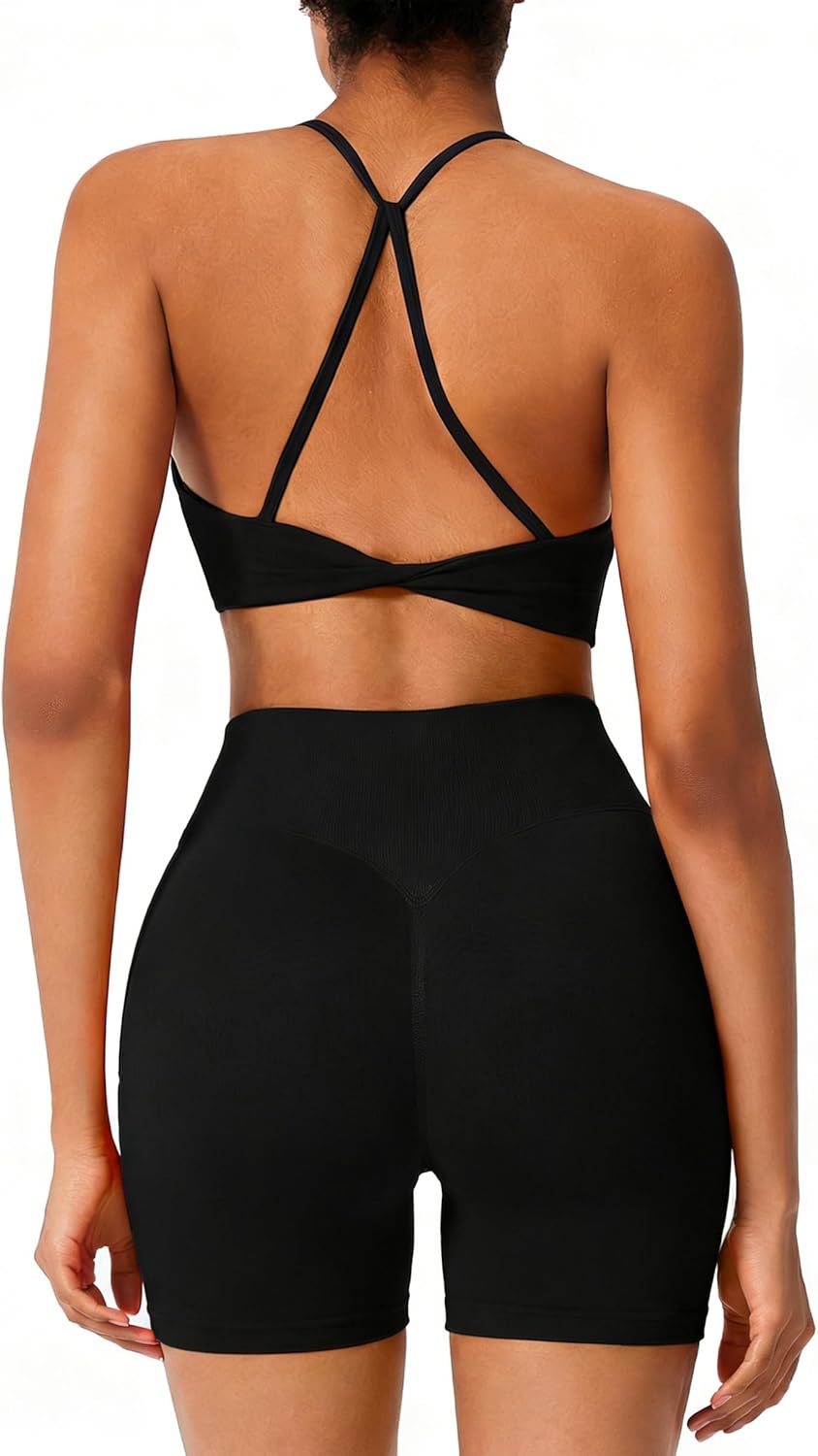 RXRXCOCO Workout Sets For Women 2 Piece Seamless Twist Back Sports Bra Butt Lifting Shorts Pilates Gym Yoga Outfits