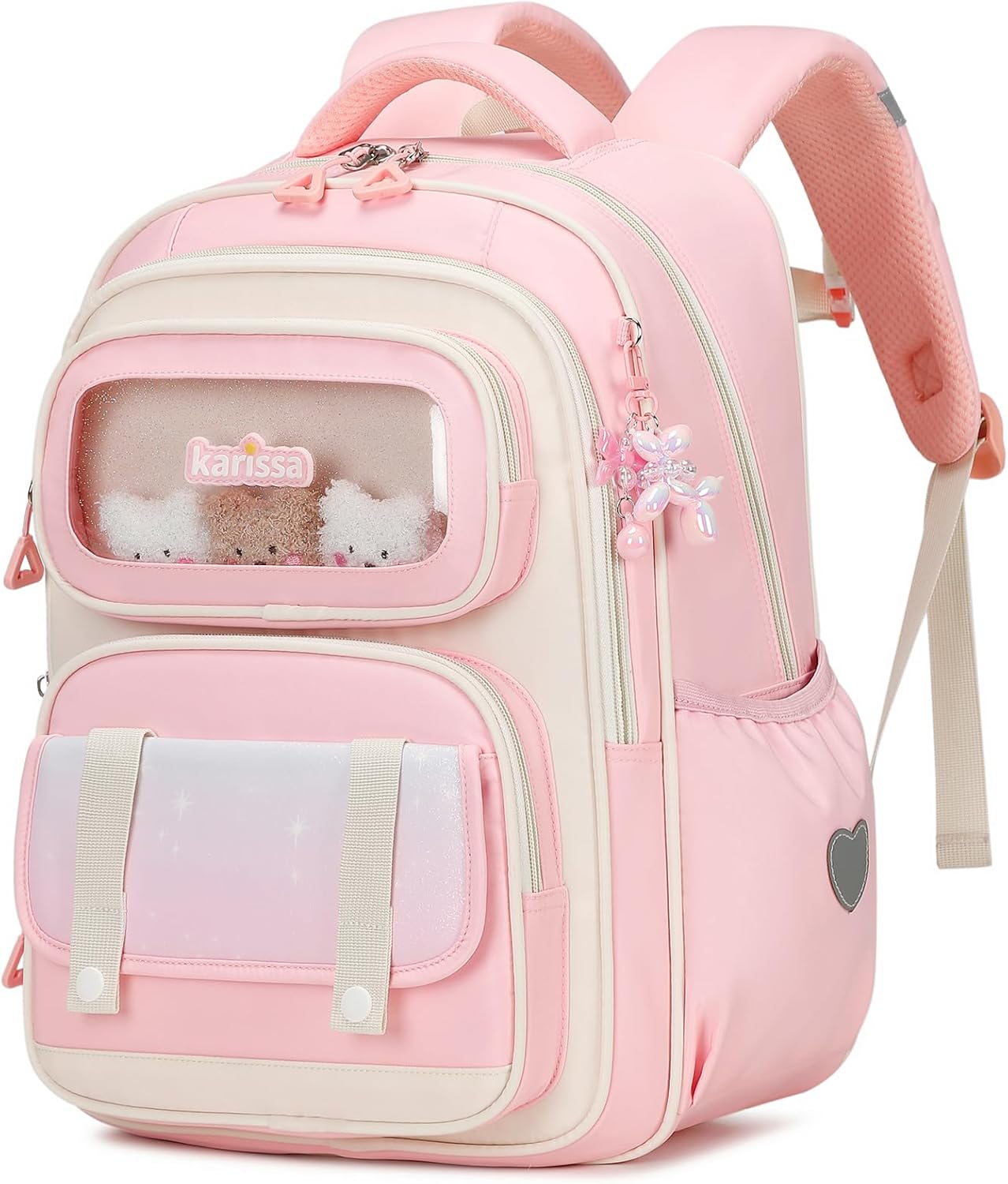 Tanou Cartable Primaire pour Filles, Sac à Dos Ergonomique pour Enfants du CP au CM2, Sac d’école Fille Primaire Décontracté avec Pendentif, 20 Litres, Rose