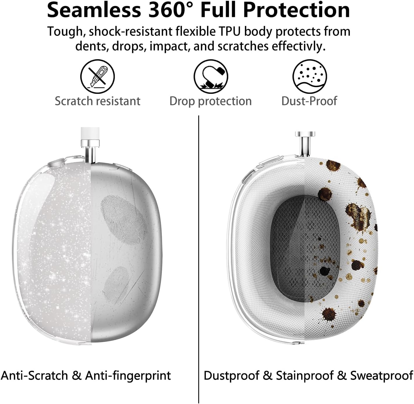 Aircawin for AirPods Max Case Clear Glitter,3 in 1 Clear Soft TPU Ear Cups Protector/Ear Pad Cover/Headband Skin for Airpods Max Cover,Case for AirPod Max Headphone Accessories-Glitter image 4