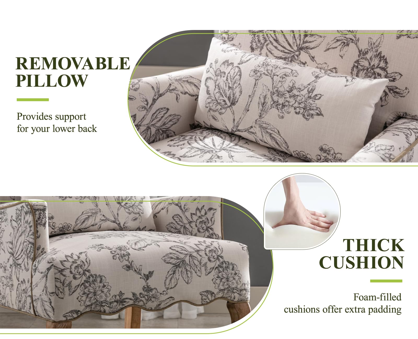 Ya-Home Vintage Sessel mit Armlehne, Polstersessel mit Holzbeinen & Blumenmuster Einzelsofa Akzentstuhl mit Kissen für Wohnzimmer/Schlafzimmer,Beige