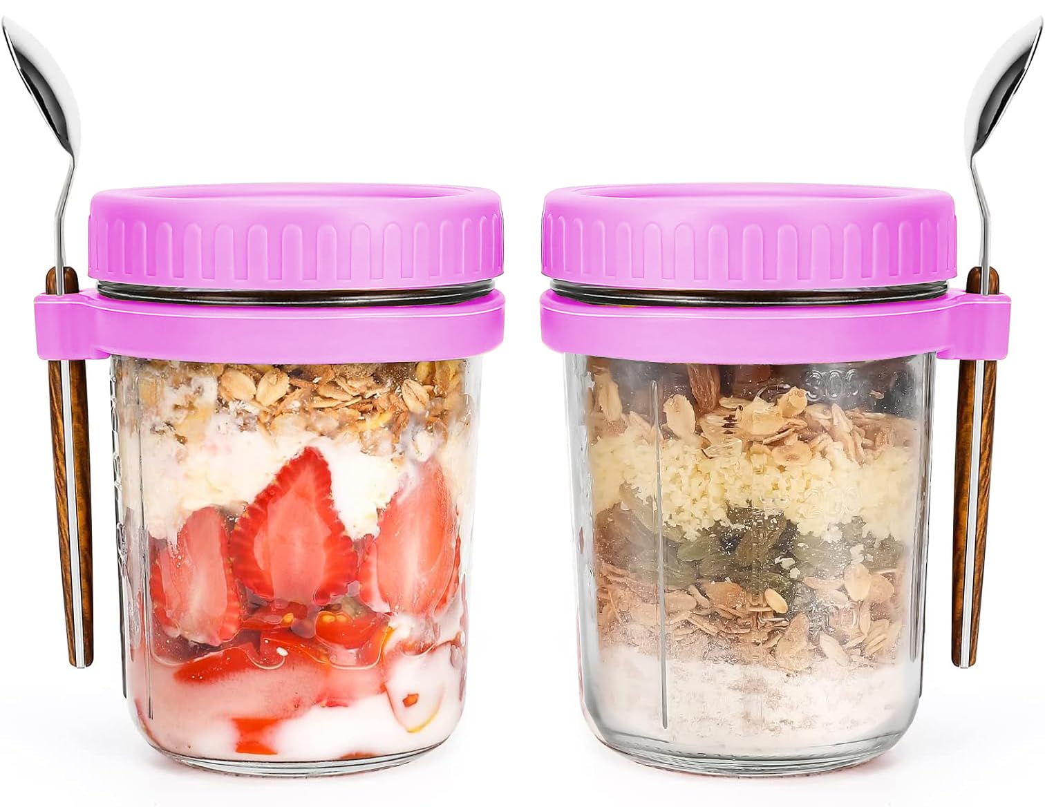 Gilen Overnight Oats Jars with Lids and Spoon, Overnight Oats Container, 10 Oz Glass Porridge Container to Go for Chia, Pudding, Milk, Cereal, Fruit, Yogurt, Salad,Cereal Meal Prep Jars(Purple+Purple)