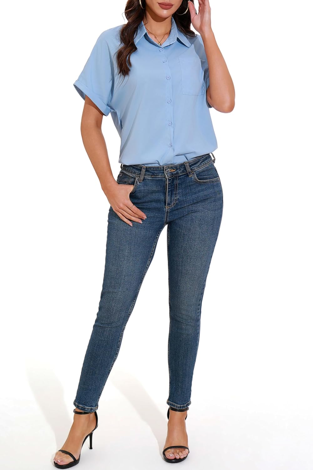 GUANYY Womens Short Sleeve Button Down Shirt Casual Collared Dress Shirt Lightweight Work Top Blouse - Image 2