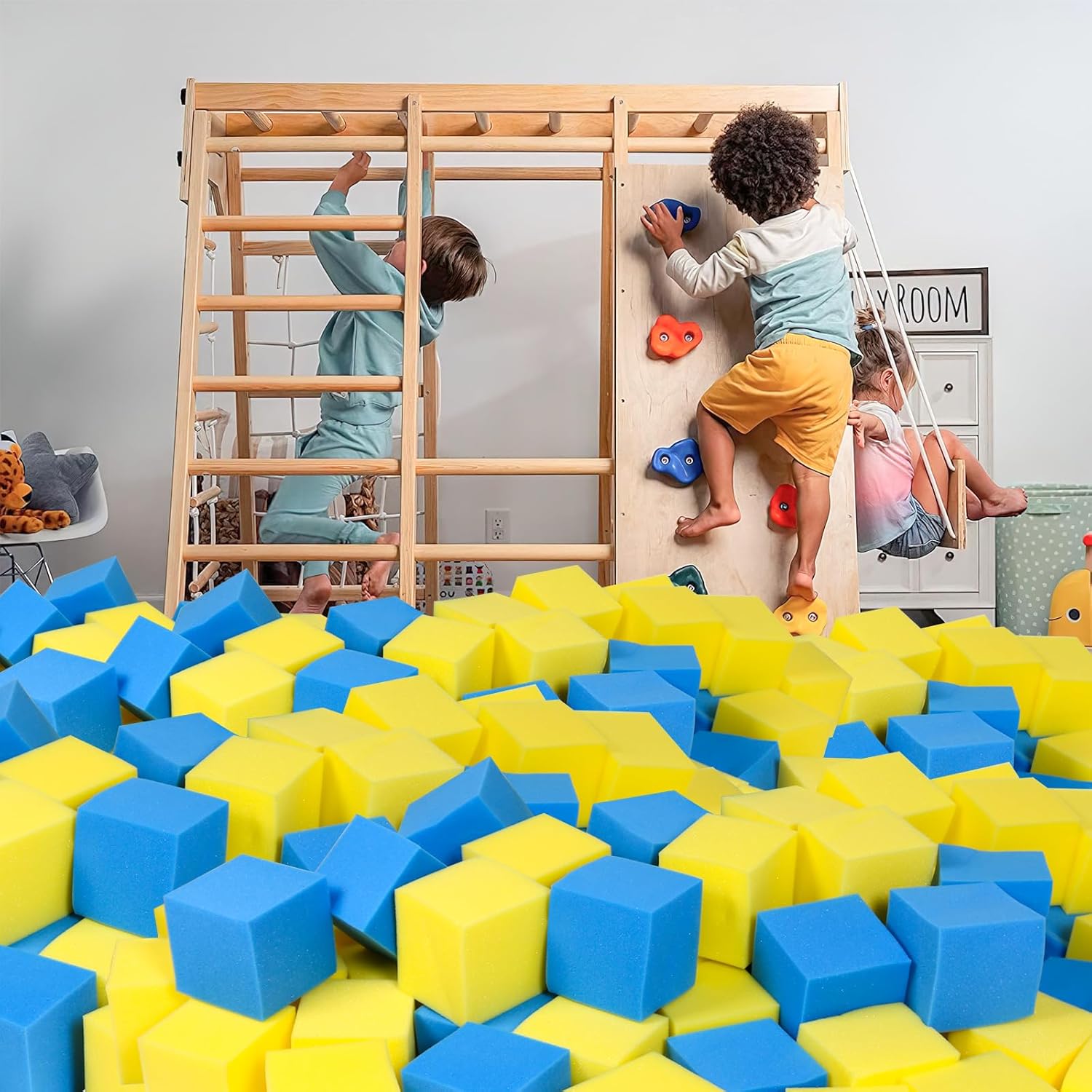 Foam Pit Cubes, 24 PCS 5 Inches Gymnastics Foam Blocks Trampoline Blocks, Multi-Sport Protective Padding for Gymnastics, Trampoline, Parkour, Skate Parks & BMX - Yellow & Drak Blue