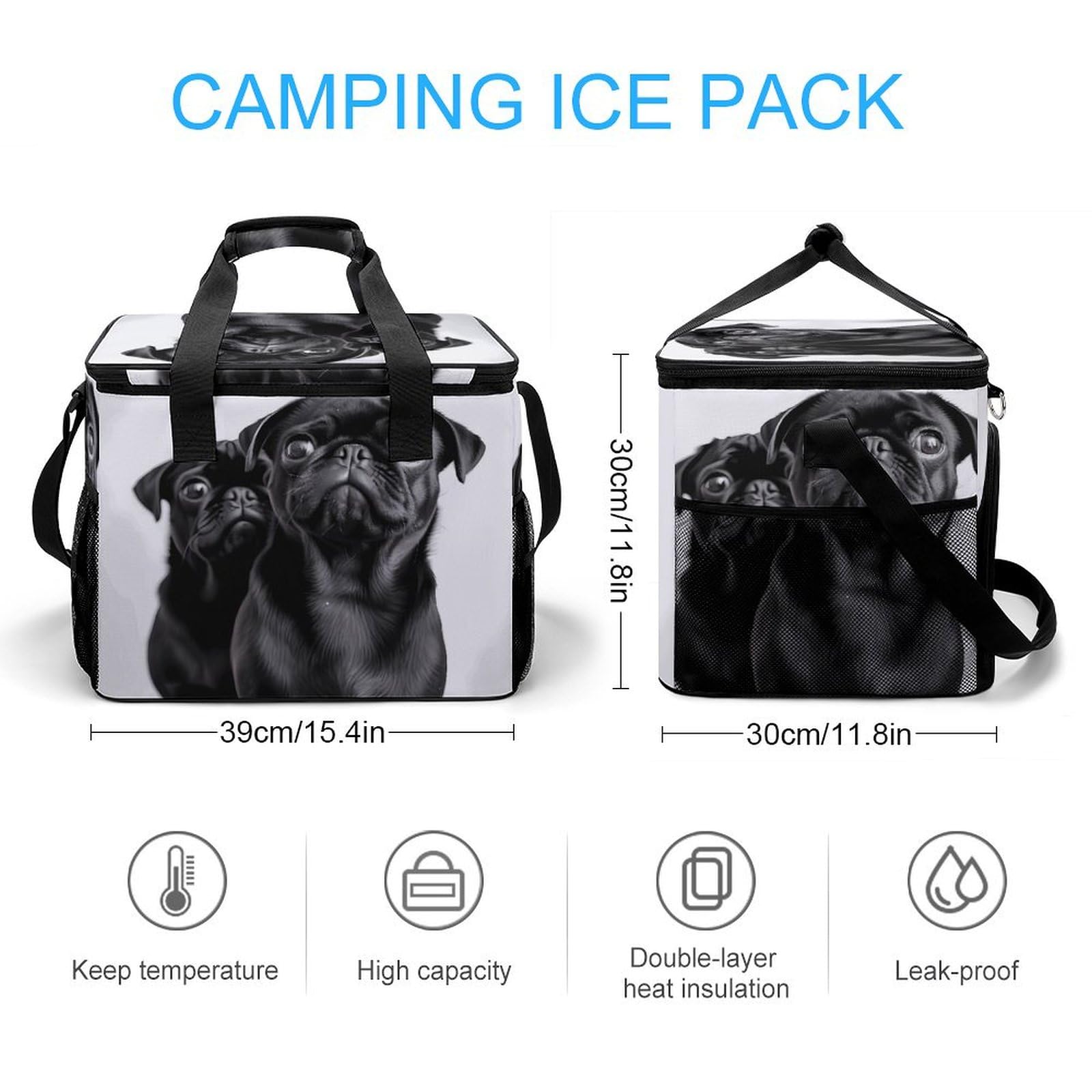 Camping Cooler Bag, Carino Nero Pug Dog Print Viaggio Picnic Bag Grande Capacità Cooler Bag Portatile Cooler Bag Multiuso Cooler, stile