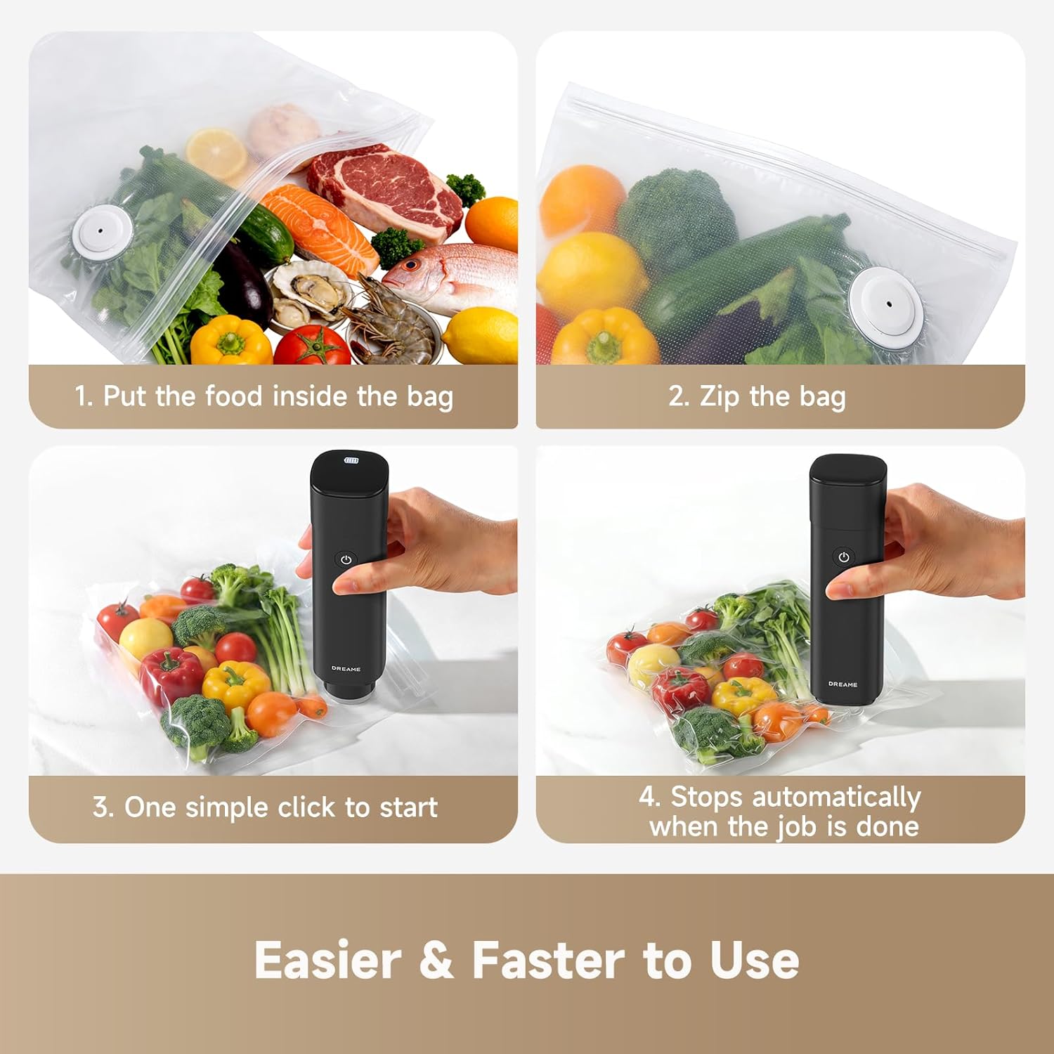 DREAME VH20 Handheld Vacuum Sealer Machine for Food with 30 Reusable Vacuum Bags, Compact Food Vacuum Sealer, Auto Stop, Rechargeable Food Sealer Saver, Dry & Moist Modes, For Container & Wine Bottles - Image 8