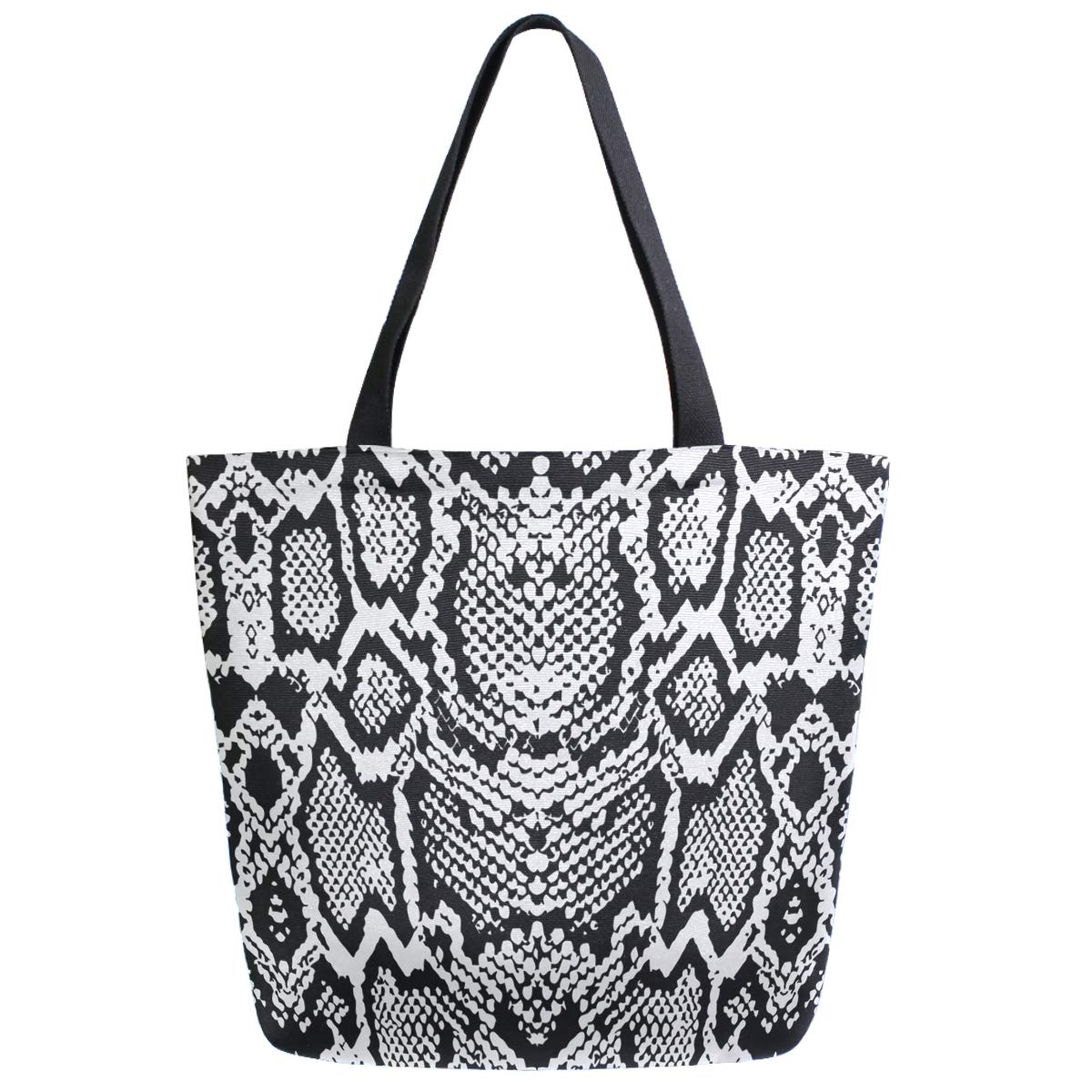 Chic Extra Large Shoulder Grocery Tote Bag, Trendy Black White Snake Skin Print Canvas Shoulder Tote Handle Bag for Daily Gym Beach Weekender Travel