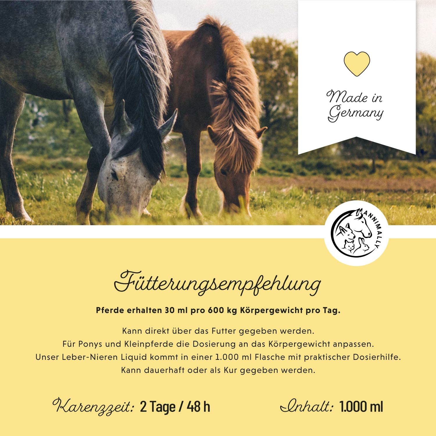 Annimally Leber Nieren Liquid für Pferde - 1000ml Kräutersaft mit Mariendistel & Artischocke für die Leber - Nierensaft für einen gesunden Stoffwechsel beim Pferd
