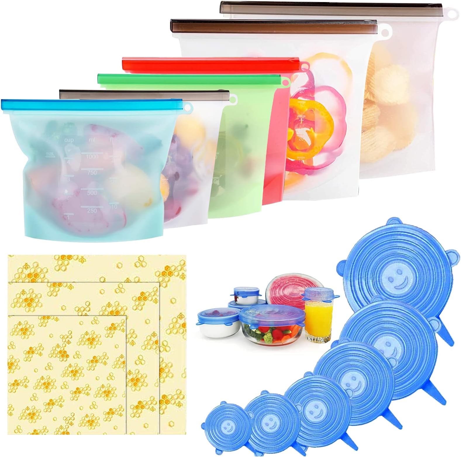 Reusable Storage Bags 15 Packs Reusable Silicone Storage Bags Set with 6 PCS Eco-Friendly Leakproof Silicone Food Storage Bags,3PCS Beeswax Wrap+6PCS Silicone Stretch Lids Cover for Meat Fruit Veggies