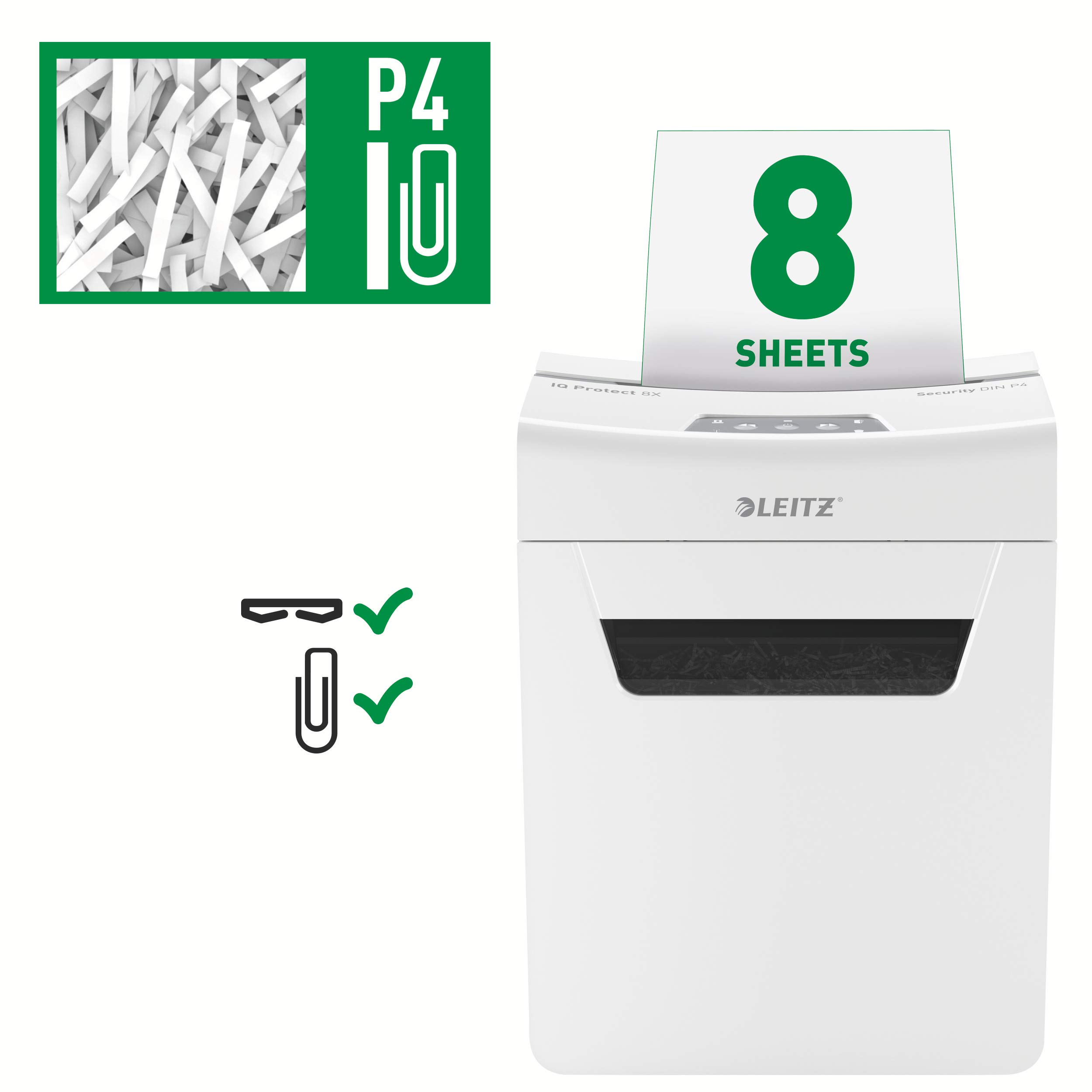 Leitz IQ 8X Premium P4, Niszczarka Do Papieru z Koszem 14 L, Tnie na Konfetti, Niszczy Jednorazowo 9-8 Arkuszy (70-80 g/m²), Cicha i Kompaktowa, Seria Protect, Biała, 80910000