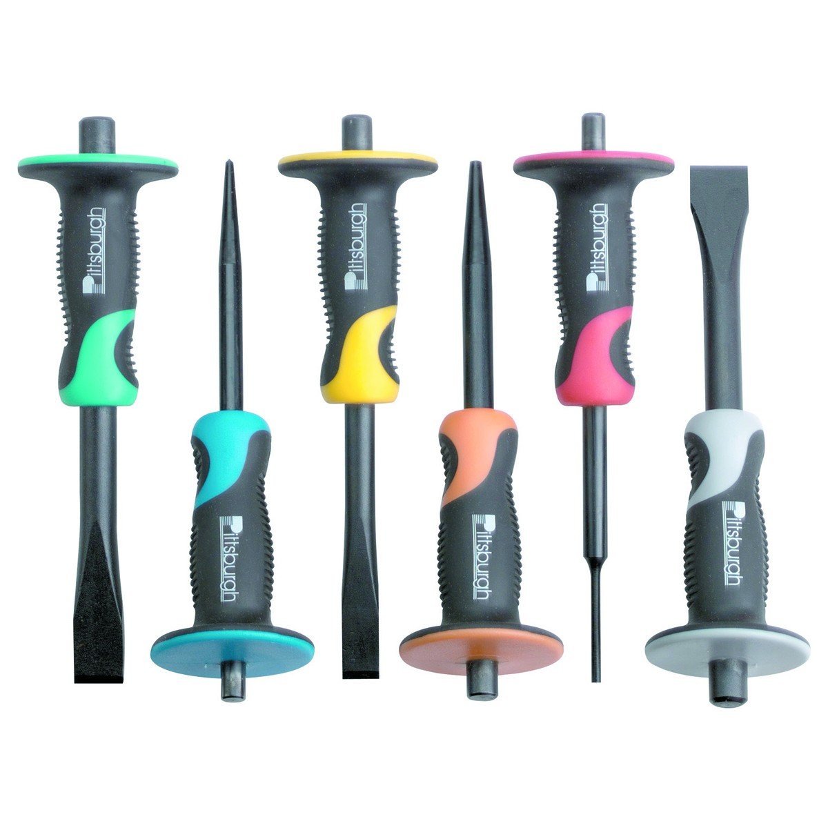 6 Piece Professional Punch and Chisel Set Color Coded with Oil-resistant Cushion Grips