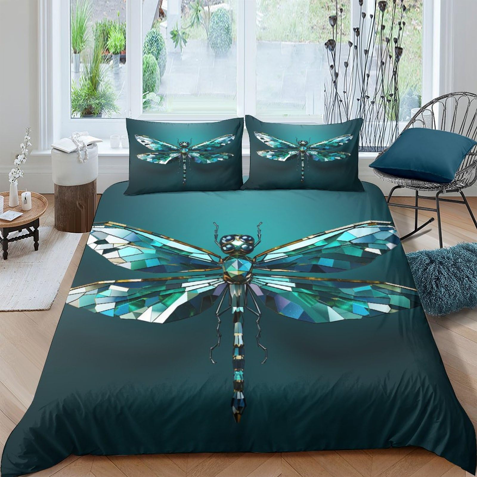 Housse de couette libellule imprimé 3D pour chambre adulte nature