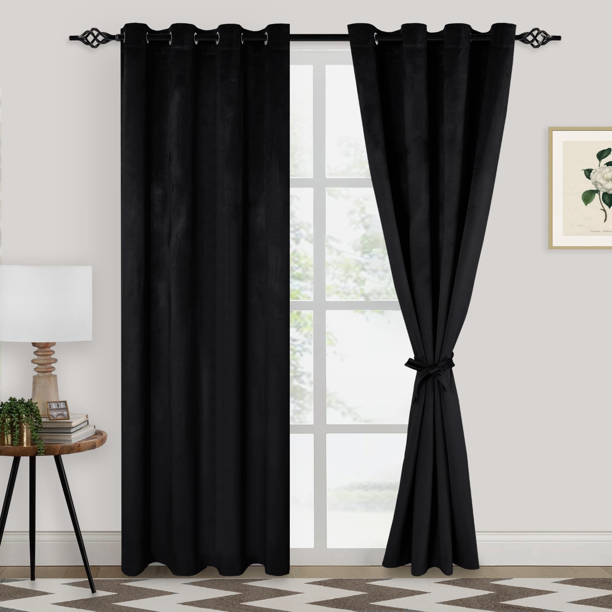 XWZO Black Velvet Curtains 84 Inches Long, Elegent Soft Luxury Curtains for Living Room, Thermal Insulated Room Darkening Black Curtain for Bedroom