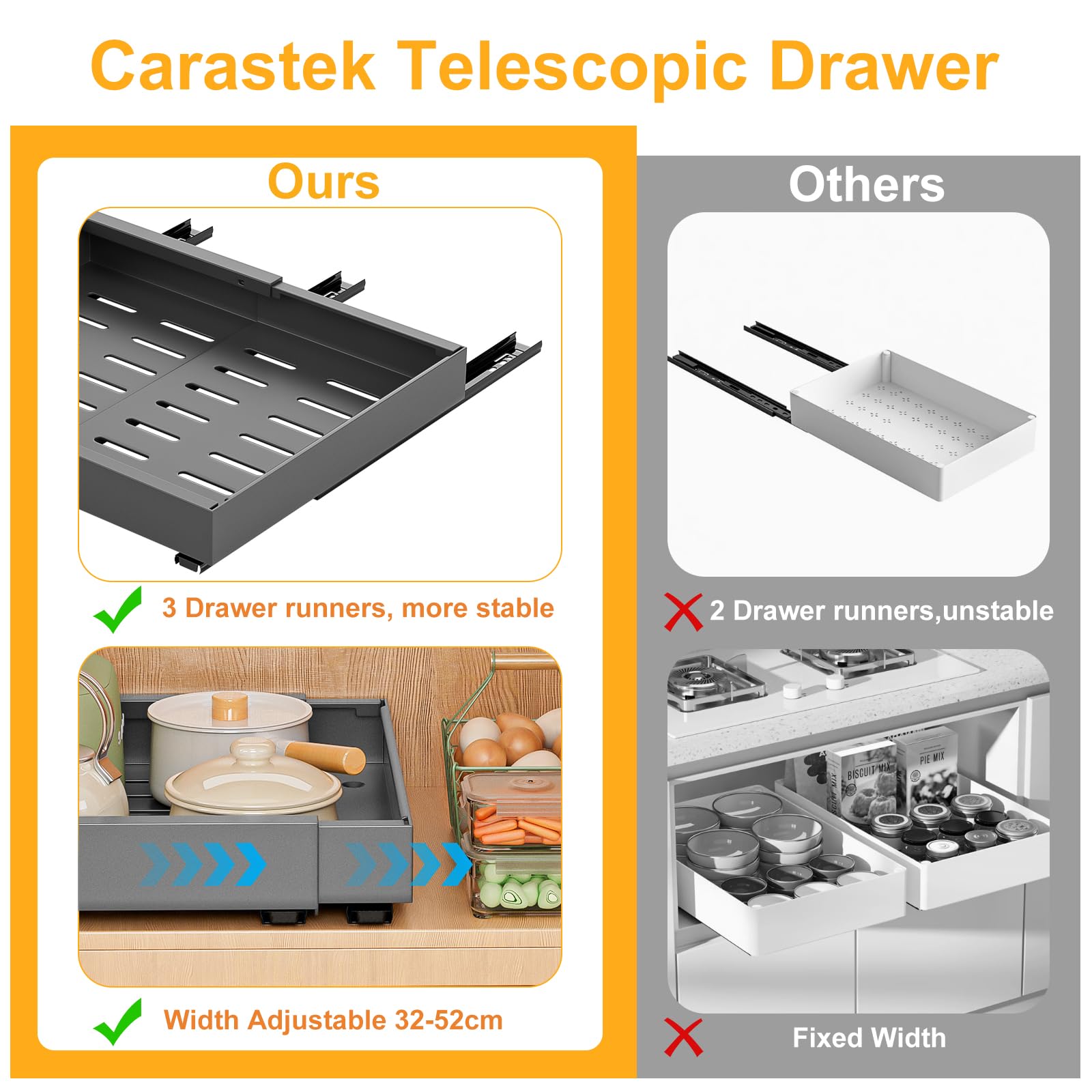 2 Stück Teleskopschublade, Ausziehbare Schublade Küche Erweiterbar Ausziehbare Schubladen Küchenschrank Organizer Küche Ausziehbar Schrank Organizer Kein Bohren Expandierbare Breite 32-52cm (grau)