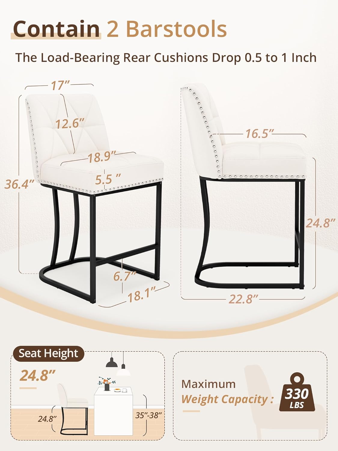 LUE BONA 24" Bar Stools Set of 2, Counter Height Bar Stools with 5.5" Thick Cushion, Upholstered Linen Fabric Barstools with Metal Frames for Kitchen Island, Dining Room, Beige