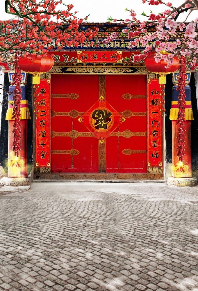 Chinese New Year 2023 Backdrop,Yeele 5x7ft Spring Festival Background for Photography Couplets Firecrackers Front Door Backdrop Red Lanterns Theme Party Decoration Kids Adult Family Photo Shoot Prop…