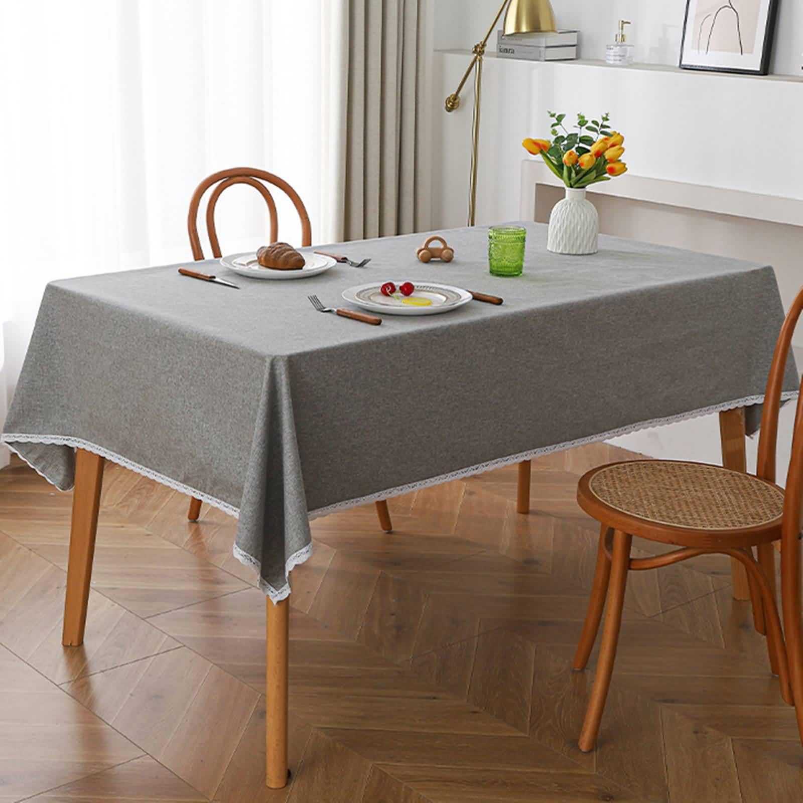 Mantel rectangular de lino y algodón, color gris claro