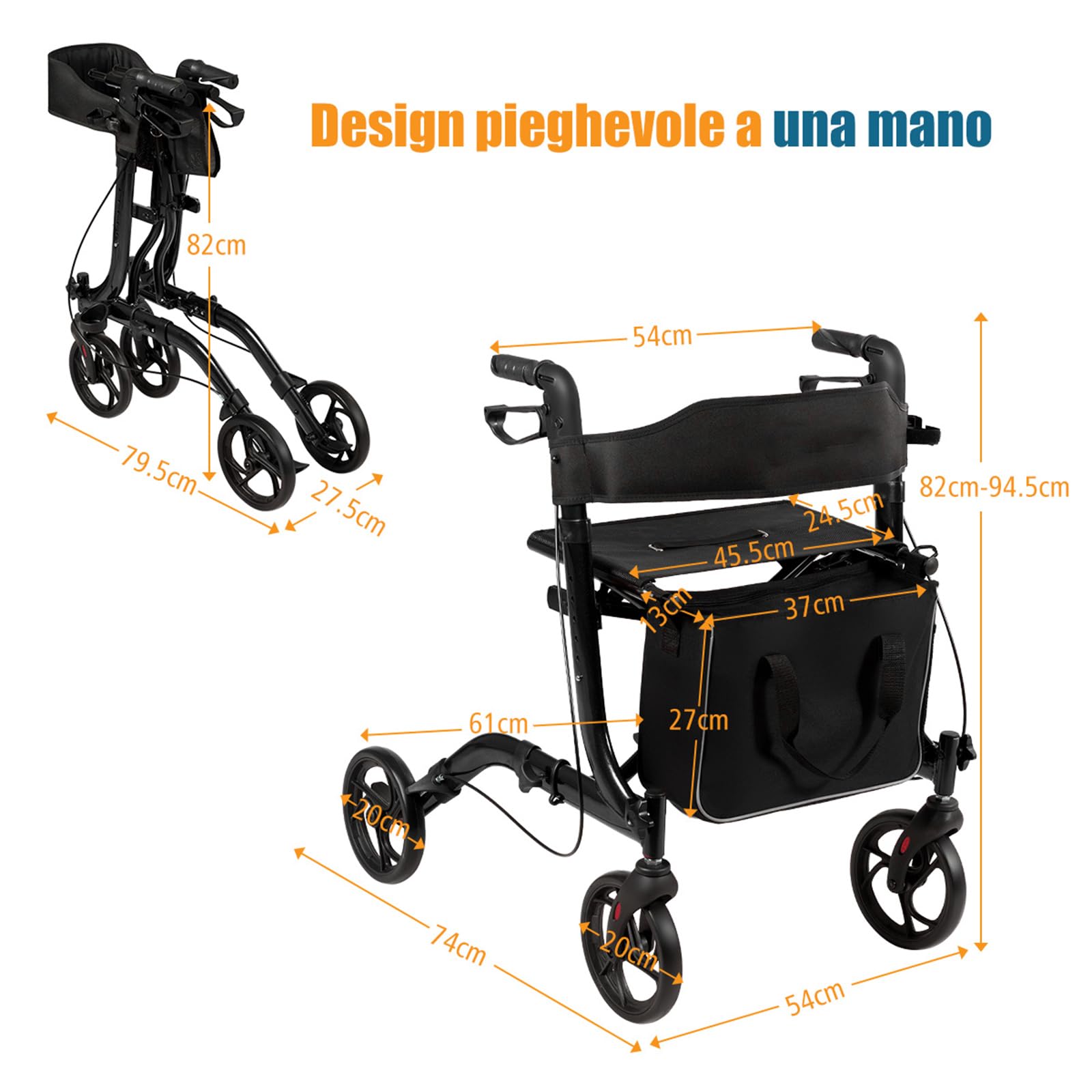 COSTWAY Deambulatore Pieghevole per Anziani Ultraleggero, con Sedile Borsa da Spesa e 4 Ruote Freno a Mano, Rollator Altezza Regolabile, Capacità 136kg, Lega di Alluminio, Nero (Nero)