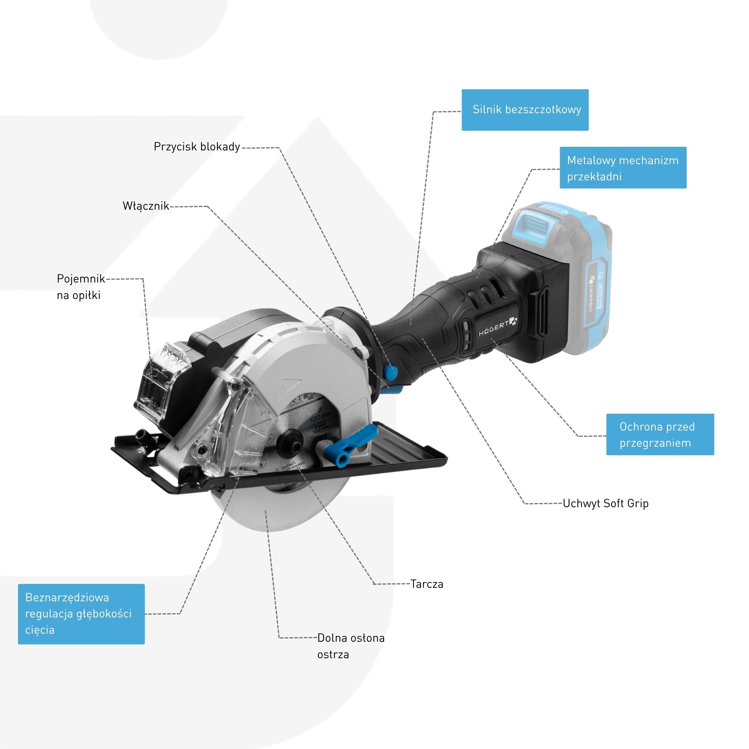 HÖGERT TECHNIK - bezszczotkowa akumulatorowa ręczna piła tarczowa 18 V mini piła tarczowa do metalu 120 mm 41,5 mm głębokość cięcia 4000 obr./min kompaktowa lekka aluminiowa osłona prowadnica