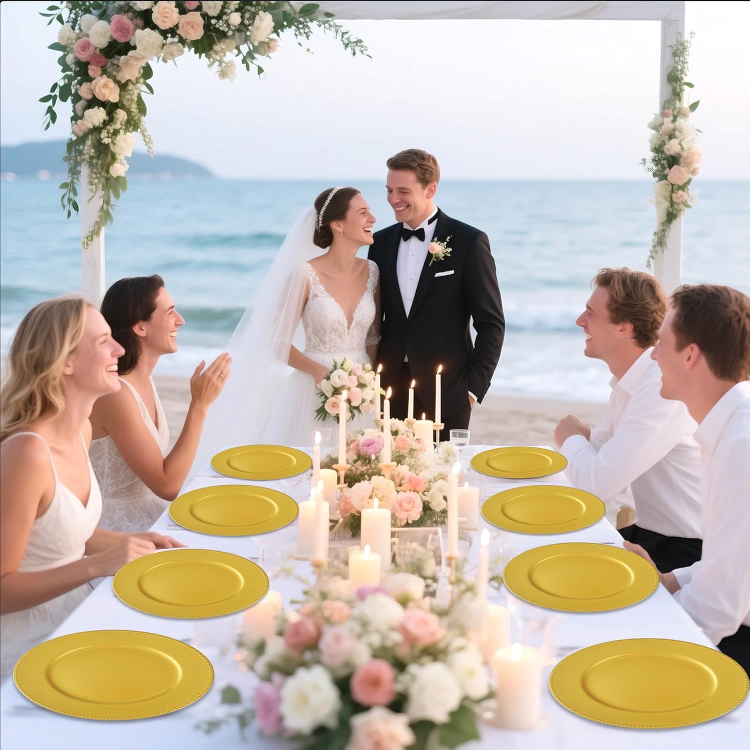 supernal 20pcs Charger Plates Plastic Gold Beaded Plate Chargers 13inch,Decorative Dinner Plastic Table Chargers for Wedding Holiday Party Baby Shower Event Decoration