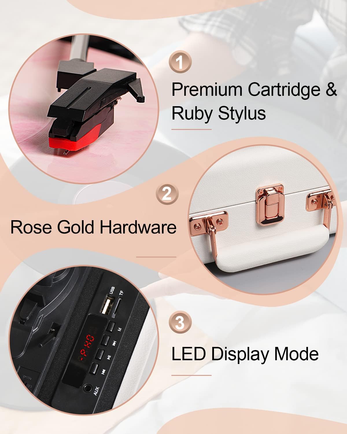 مشغل أسطوانات فينيل محمول بتقنية البلوتوث بثلاث سرعات مع مكبرات صوت مدمجة، مشغل أسطوانات فينيل يعمل بالحزام، يدعم تسجيل USB، مدخل AUX، مخرج RCA، مقبس سماعة رأس، لون أبيض