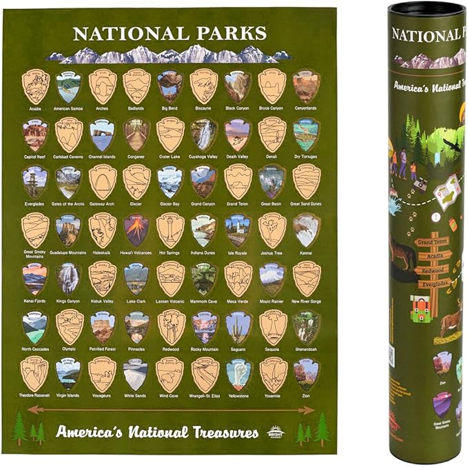 National Parks Scratch Off Map (12x16, Forest Green/Gold – All 63 US Parks, Travel Tracker Poster, Gift-Ready Kit with Scratch Pen and Cloth