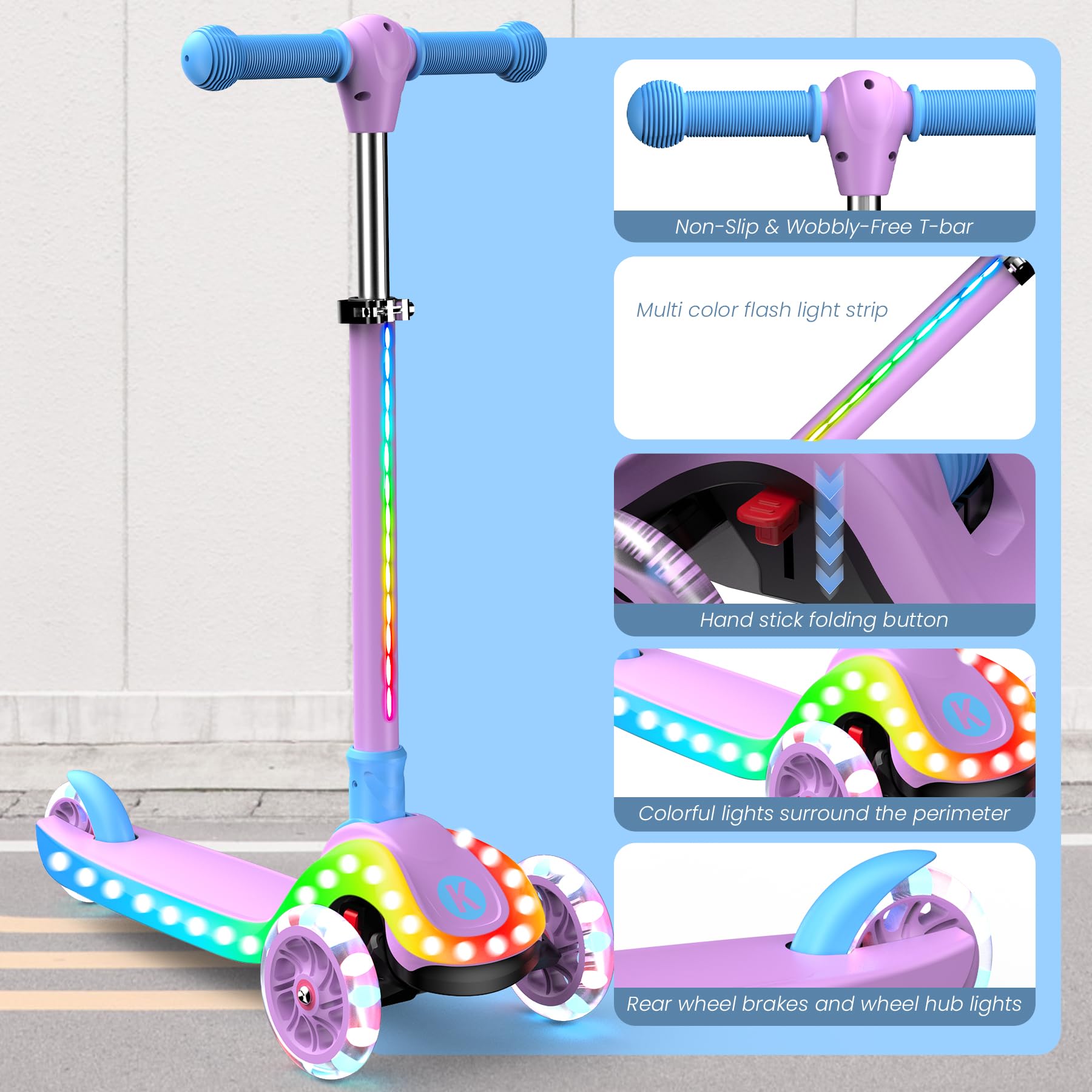 2-in-1 Verstellbarer Kinderroller, 3–12 Jahre, 5-stufiger Lenker, Abnehmbarer Sitz, LED-Räder, faltbar, Pink (Mädchen & Jungen) Schwarz