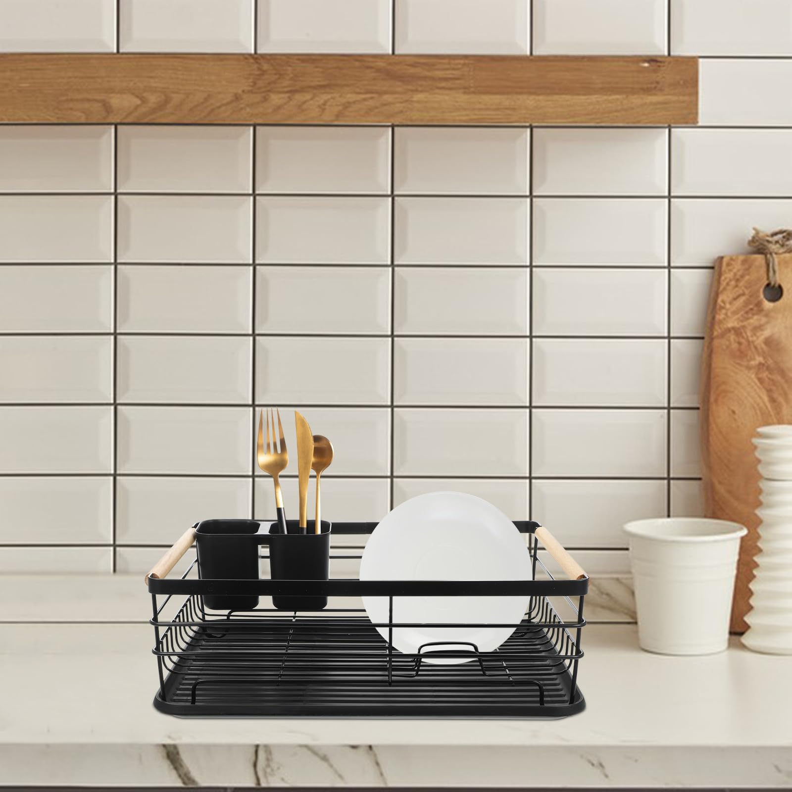 DOITOOL Escurridor Bandeja Gran Capacidad de de Hierro Platos Negro y de Drenaje Extraíble Soporte Diseño Funcional para Encimera de Cocina para Cubiertos