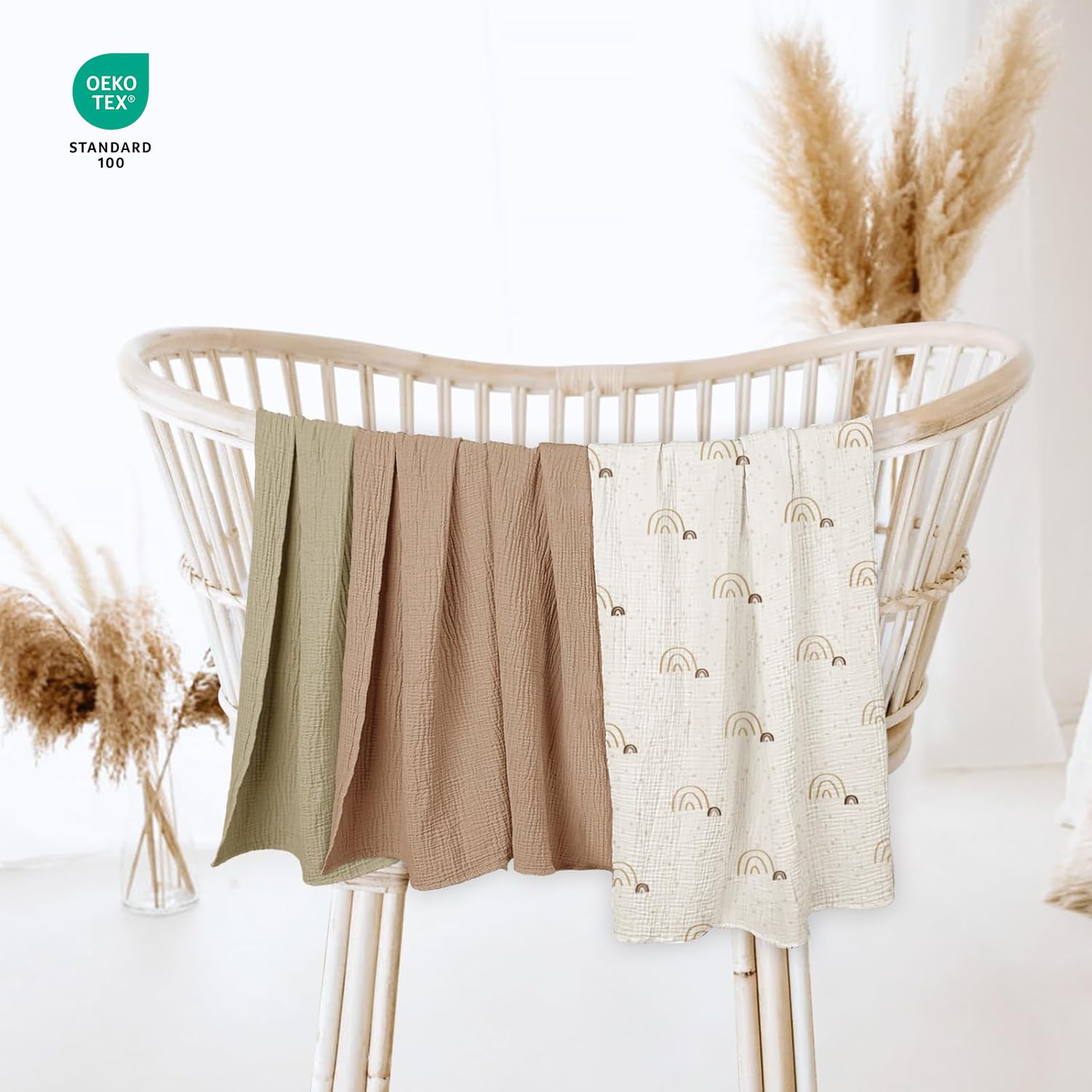 lulumoon Baby Muslin Swaddle Blankets: Soft Receiving Blanket for Newborn - Cotton Swaddling Blanket for Neutral 3Pack(Rainbow Khaiki)