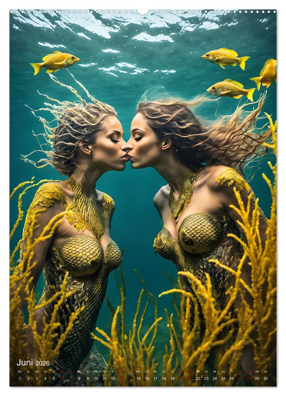 Verführerische Meerjungfrauen (Wandkalender 2026 DIN A2 hoch), CALVENDO Monatskalender: Traumhafte Bilder zauberhafter Wassernixen in einer märchenhaften Unterwasserwelt (CALVENDO Kunst)