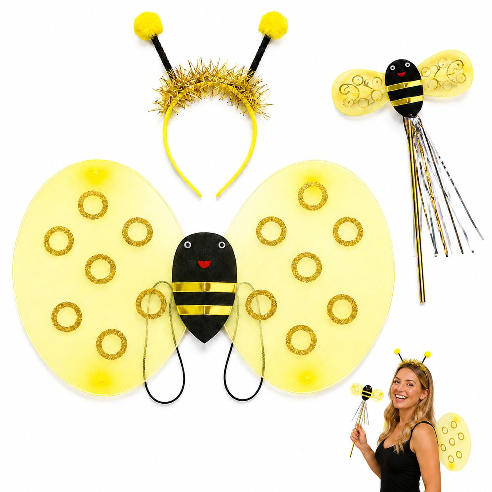 MAUDFEK 3 PCS Bee Wing Outfit with Adjustable Straps for Halloween Dress-Up and Birthday Parties, Ideal for Role-Play Activities and School Performances, Soft Fabric Wings with Vibrant Colours