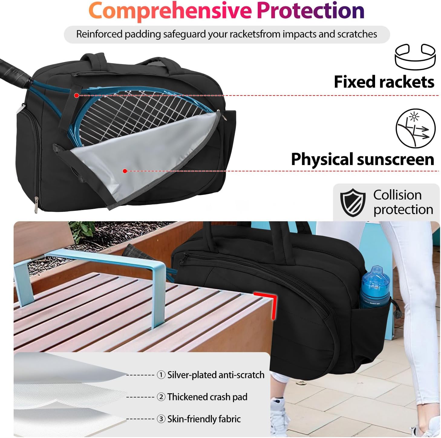 Tennis Tote Bag with Shoe Compartment - Extra-Large Quilted Pickleball Bag Holds 2-4 Rackets, Water-Resistant & Lightweight for Men & Women - Image 2