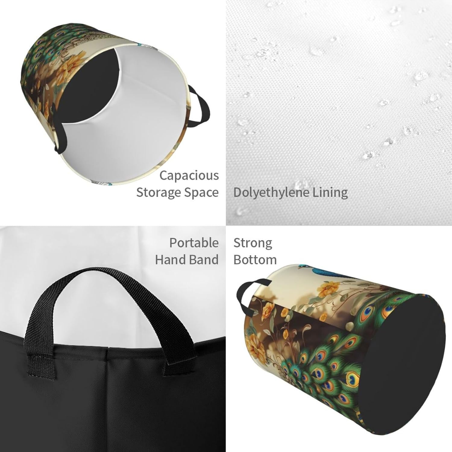 Beautiful peacock Laundry Basket With Handles, Foldable Laundry Hamper Oxford Cloth Dirty Clothes Basket Waterproof Clothes Toys Storage Bin Organizer for Bedroom Bathroom Dorm