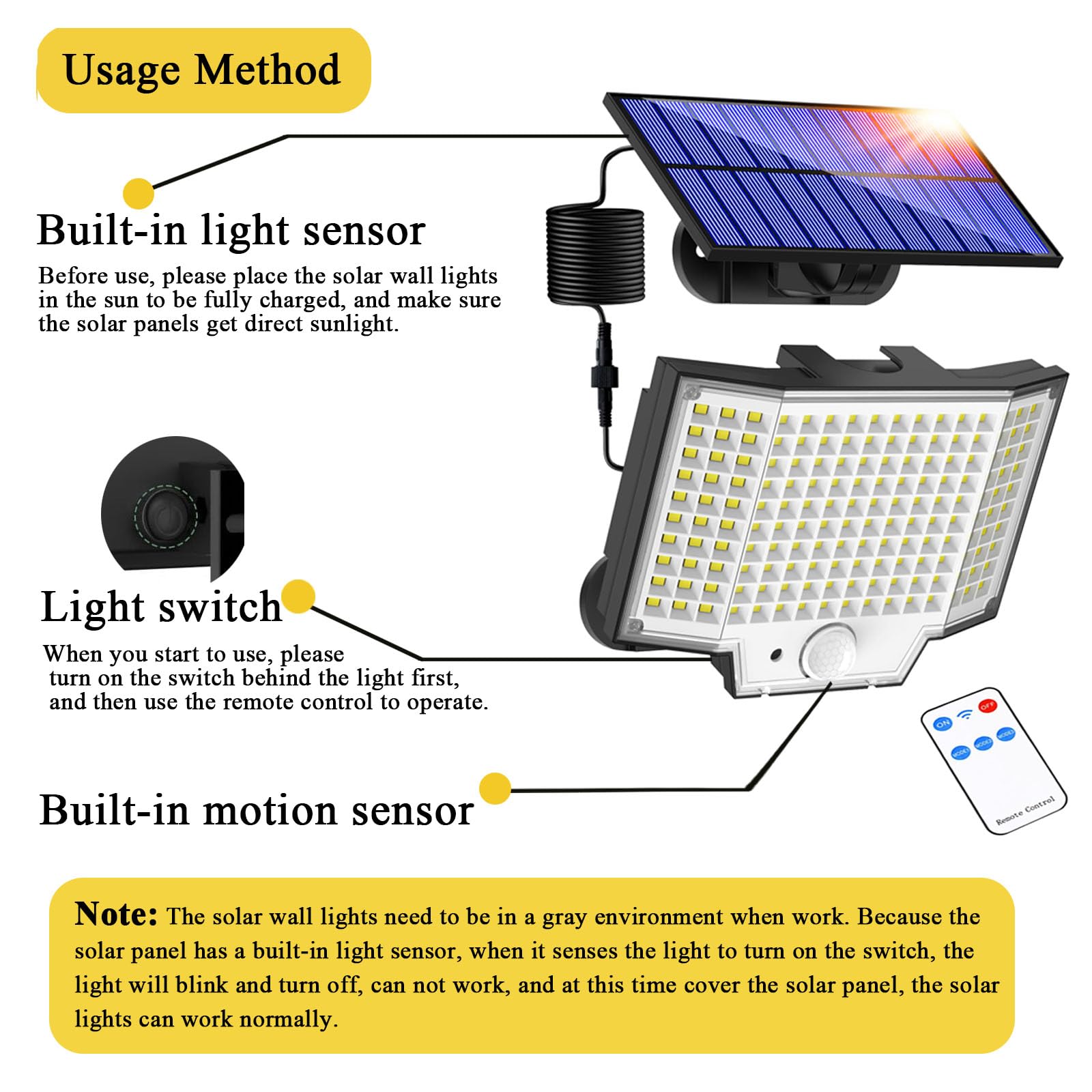 Faretto LED Da Esterno Solare 348LED Faro Led Esterno Con Pannello Solare Con Accumulatore 270° Luci Solari Da Giardino 3 Modalità Faretti Solari a LED Da Esterno Lampione