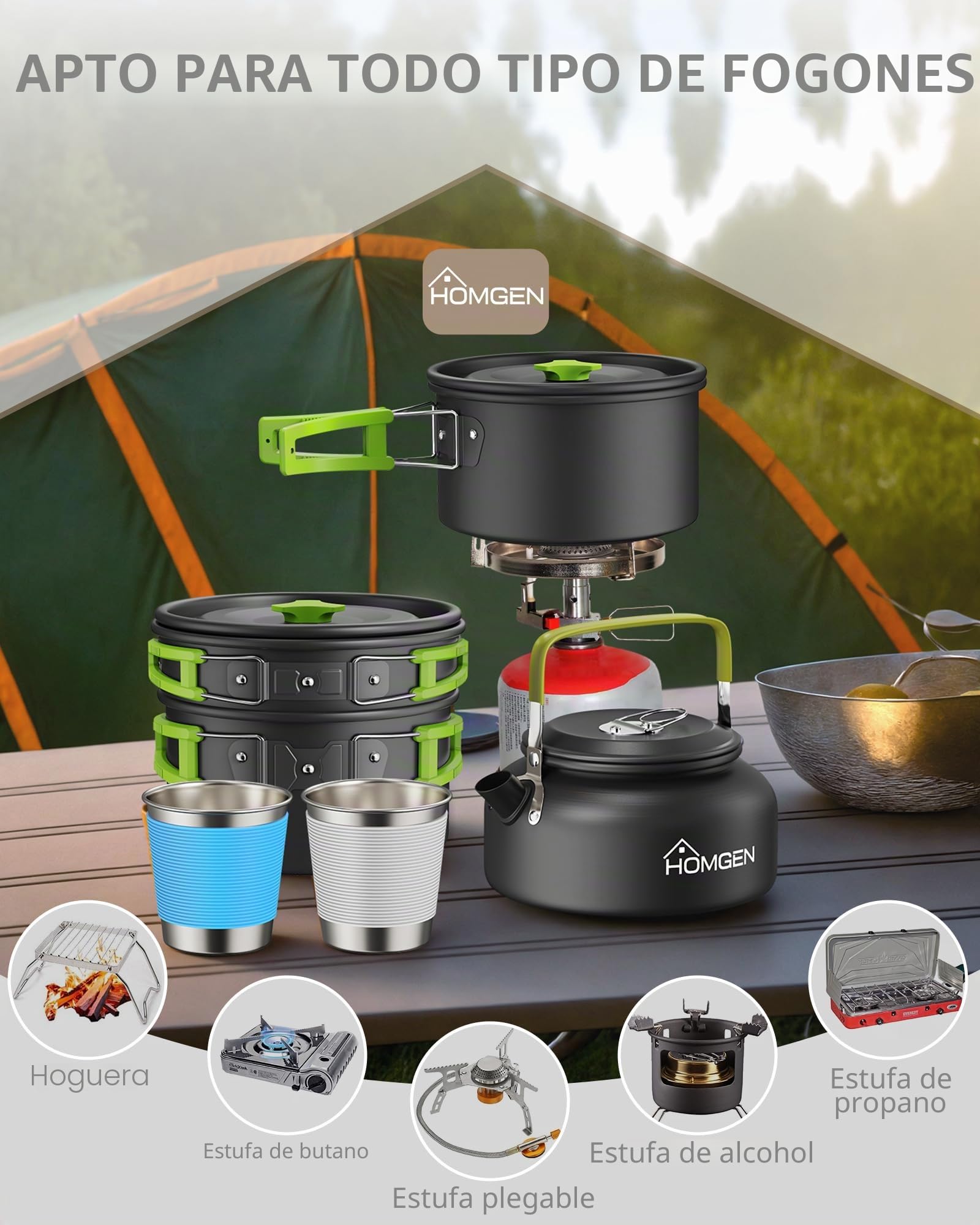 HOMGEN Kit de Cocina Camping 1-2 Personas Menaje Camping con Tetera Verde | Batería de Cocina Camping con Olla Sartén Tetera Tazas Aisladas Cubiertos Mangos Plegables para Senderismo Trekking Picnic