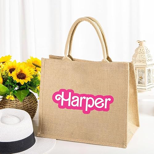 Miniatura 7 de callie Bolsa de mano personalizada para niñas y mujeres, reutilizable, para viajes, compras, playa, yute, rosa, con nombre, novia, dama de honor,