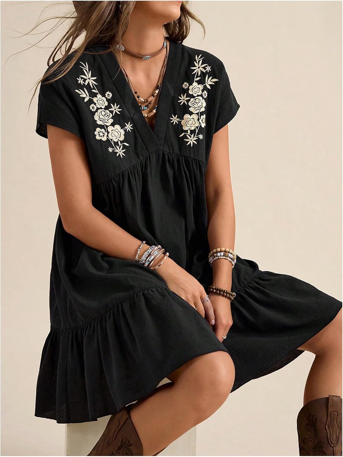 Verdusa Women's Western Cowgirl Summer Dress 2026 Boho Floral Embroidery Short Sleeve V Neck Ruffle Short Dresses - Image 4
