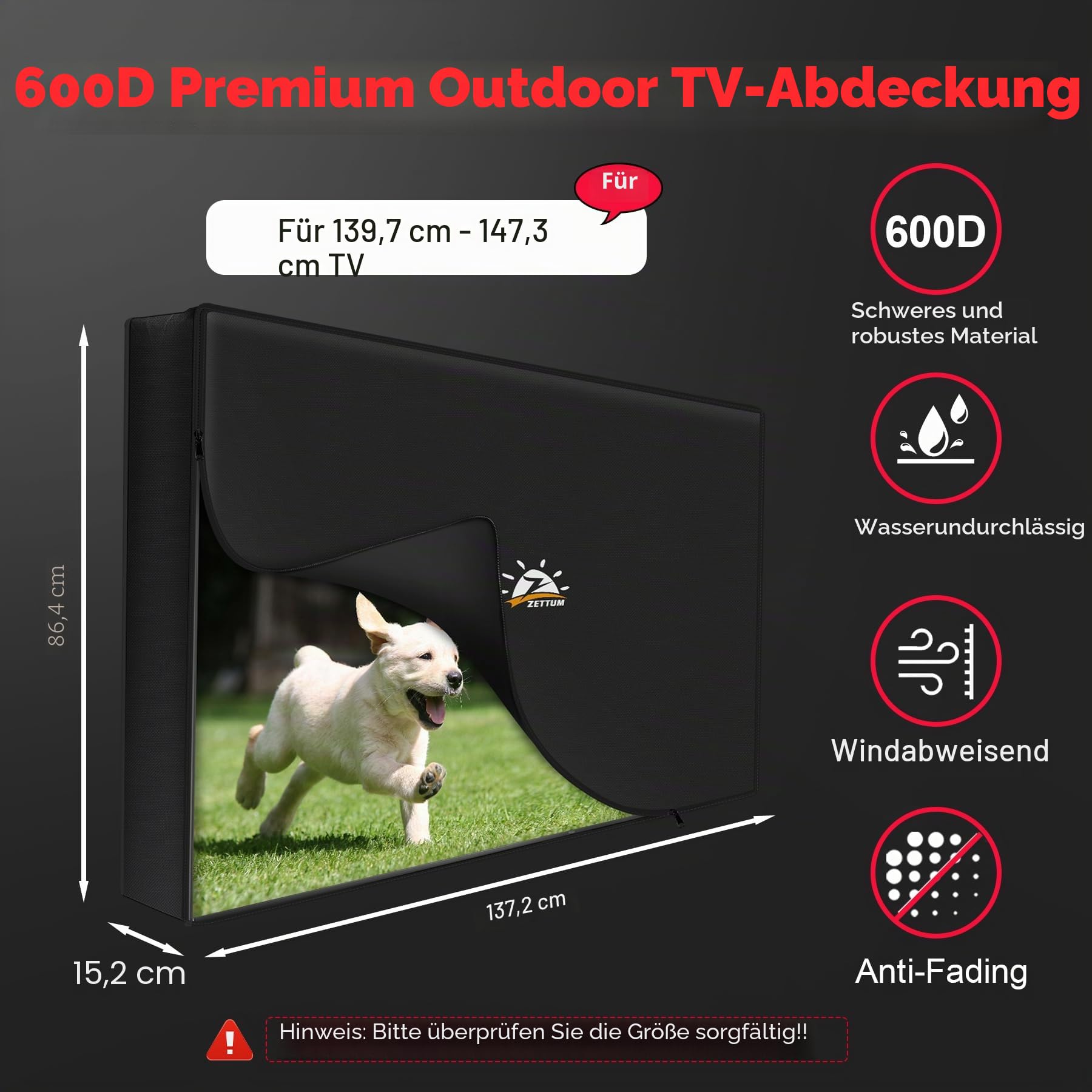 Zettum Aufklappbare TV Abdeckung für 55-58 Zoll Fernseher – Wasserdicht & Heavy Duty Bildschirmschutz Abdeckhaube, 600D PU Oxford mit Reißverschluss und Klappfunktion TV Cover Outdoor