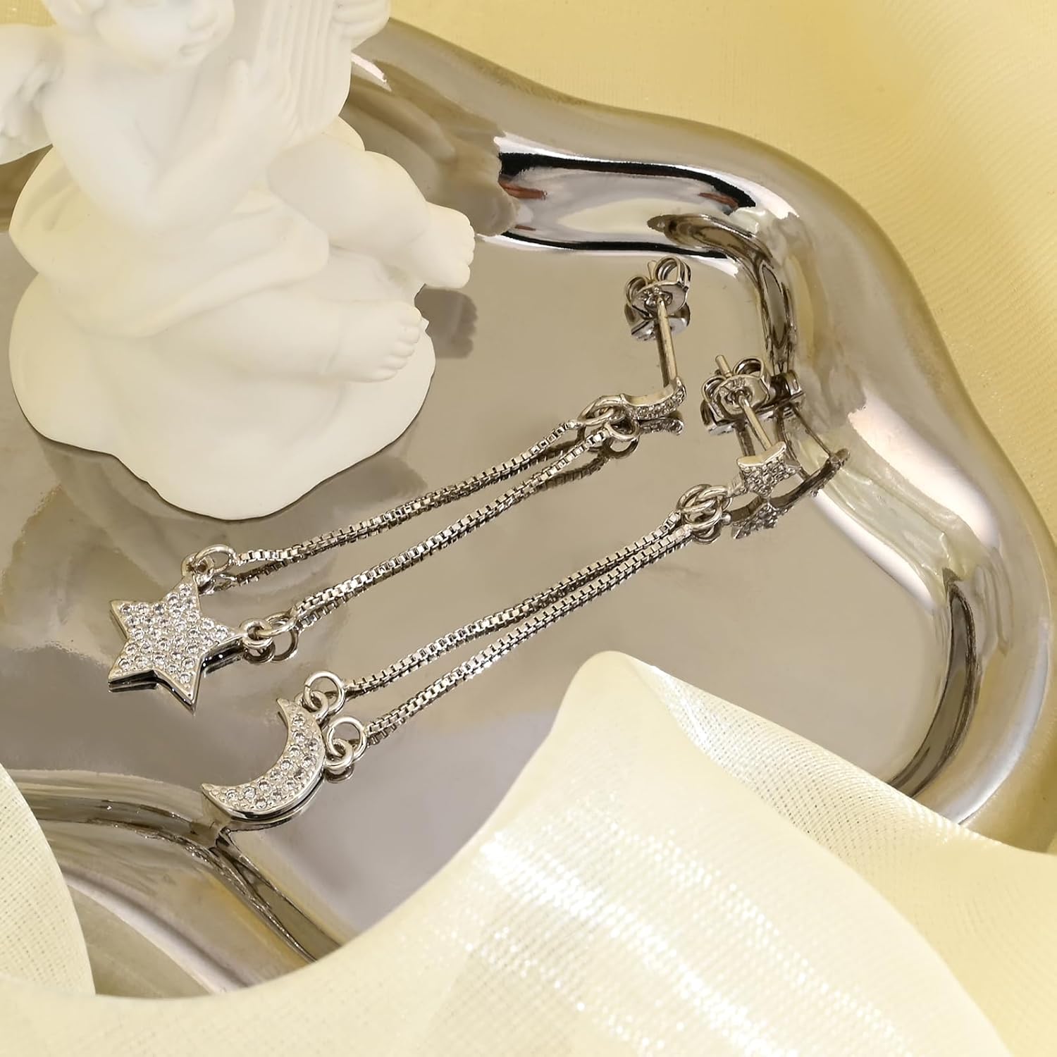 Silver Moon and Star Dangle Earrings for Women with Cubic Zirconia Asymmetrical Long Chain Tassel Earrings for Celestial Jewelry - Image 6