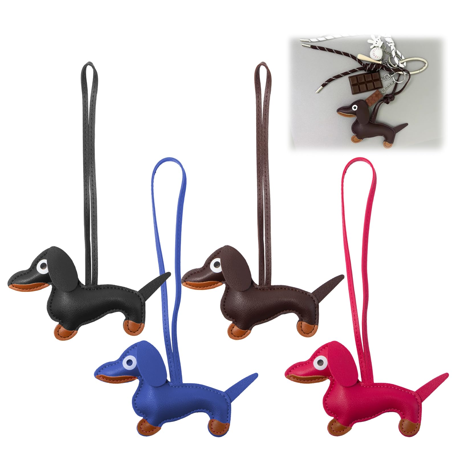 4 stuks sleutelhangers, teckel, leer, geluksbrenger, teckel decoratie