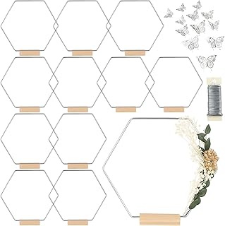 12 Pack Hexagonal Floral Hoops with Stand 8 Inch Metal Rings for DIY Centerpiece Table Decorations Crafts Macrame Ring Hoop Dream Catcher Rings Wedding Birthday Wreath Candle Rings Craft Hoops, Silver