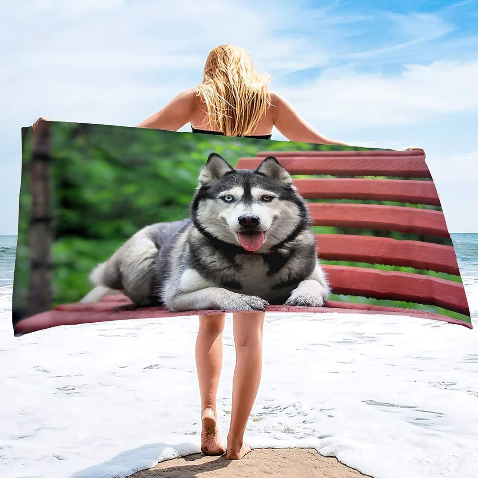 SUBURU Serviette de Plage Chien Husky, Séchage Rapide Microfibre Serviette de Bain, Chien Husky Serviettes de Plage 200 x 200 cm, Voyages, Camping, Vacances, Femme Homme Enfant Drap de Plage