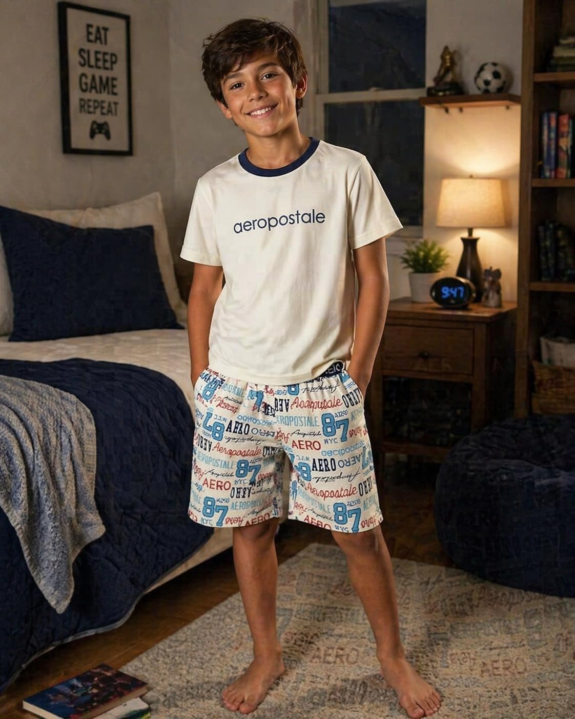 AEROPOSTALE Boys Pajama Sets - 2 Piece Soft Short Sleeve Sleep Shirt and Elastic Waist Pajama Shorts for Boys
