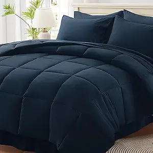 Anluoer Twin Size Bed in a Bag 5 Pieces, Navy Blue Bed Comforter Set with Sheets, All Season Bedding Sets with 1 Comforter, 1 Pillow Sham, 1 Pillowcase, 1 Flat Sheet, 1 Fitted Sheet
