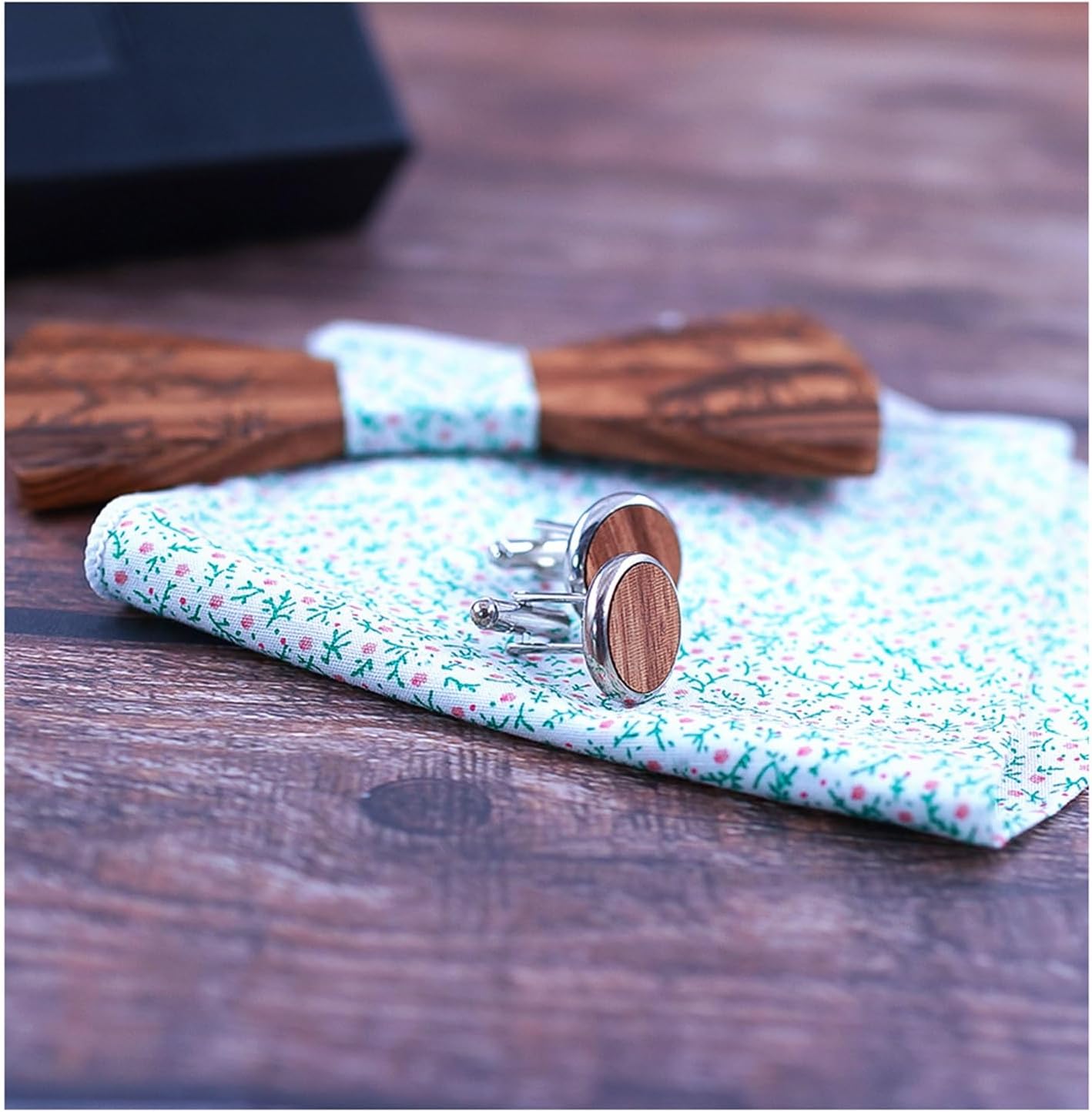 Bow Ties Boutonniere Bow Tie Set Wooden Men's Pocket Square Towel Cufflinks for Wedding Party Halloween