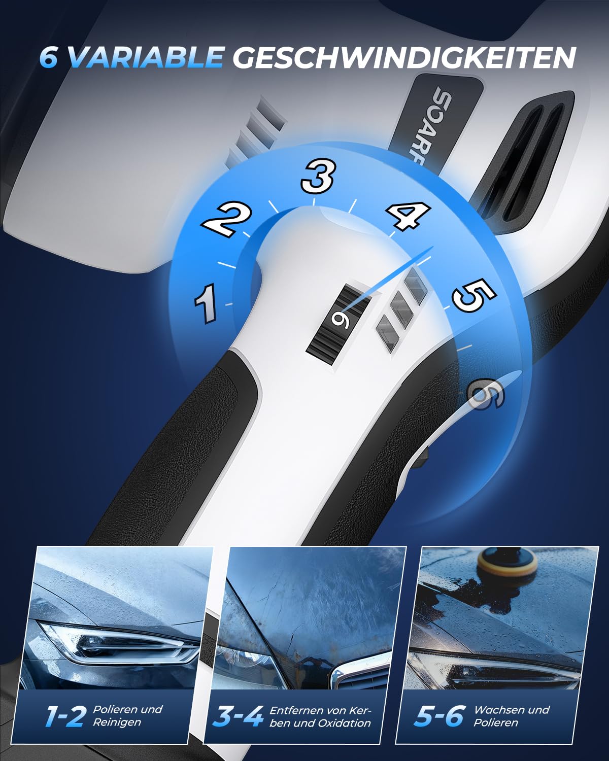 SOARFLY Poliermaschine Auto Akku, Exzenter Poliermaschine Akku mit 2x2.0Ah 21V Batterie, 6 variable Geschwindigkeiten, 3200–6600 U/min, für die Autodetailing, Scheinwerfer Aufbereitung