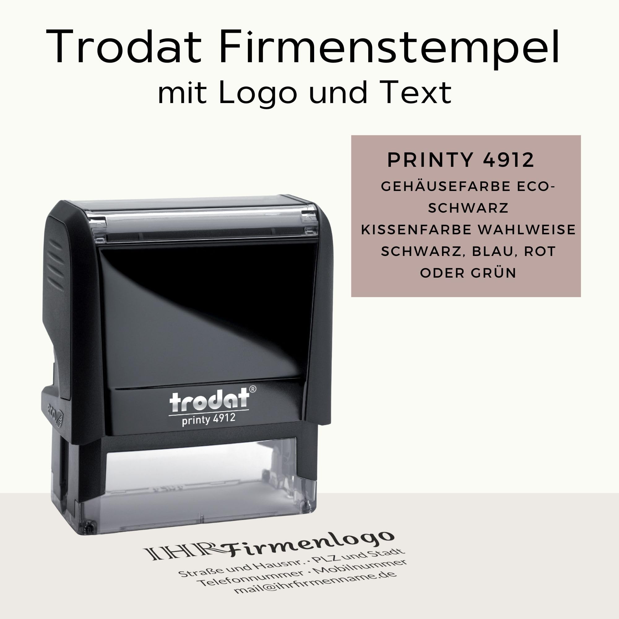 Trodat Firmenstempel mit Logo und Text – Printy 4912 Personalisierter Stempel inklusive Grafik und Wunschtext, Selbstfärbend, Abdruck 47 x 18 mm