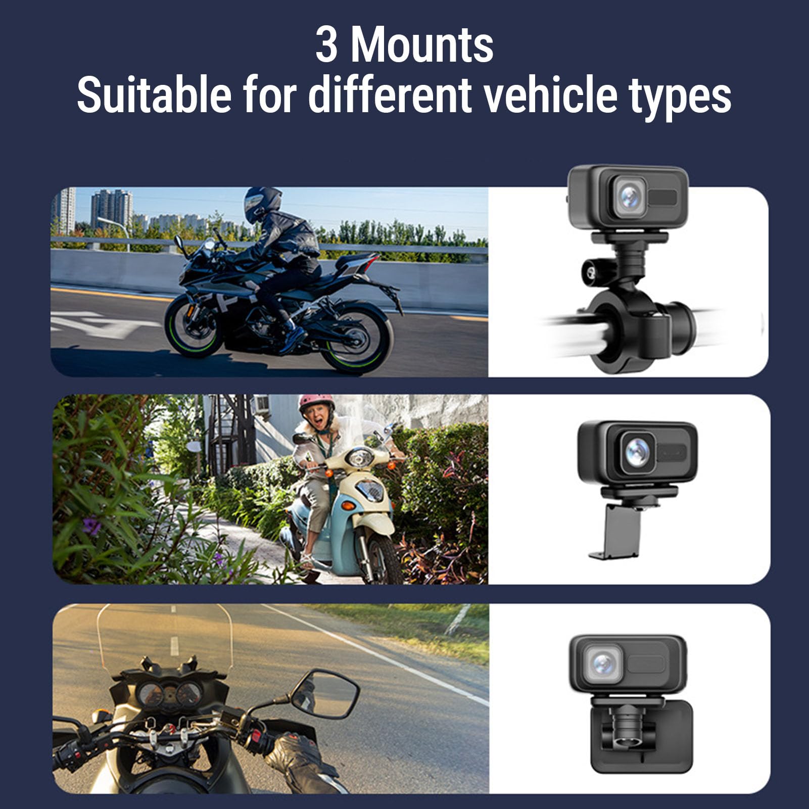 Kamera Samochodowa Motocykla WiFi, Wodoodporny Rejestrator Wideo Jazdy Motocyklem 2K Ultra HD IP65 z 3 Wspornikami, Obsługa 128 GB (karta SD Nie Jest dołączona)